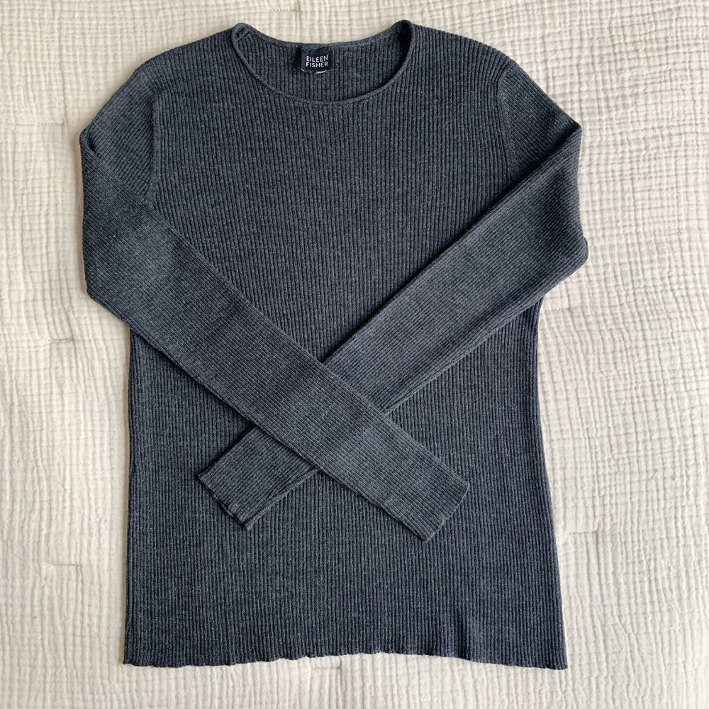 Eileen Fisher 100% Merino Wool Charcoal Gray Ribbed Long Sleeve Knit Size XS